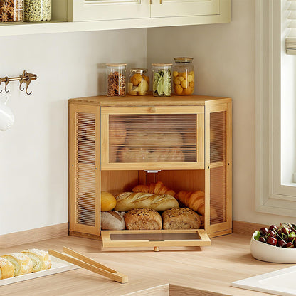 WOWLIVE Corner Bread Box for Kitchen Countertop, Double Layer Bamboo Bread Storage Container, Large Farmhouse Bread box with Acrylic Wavy Door Panel, Under Cabinet Organizer (Natural, Medium)
