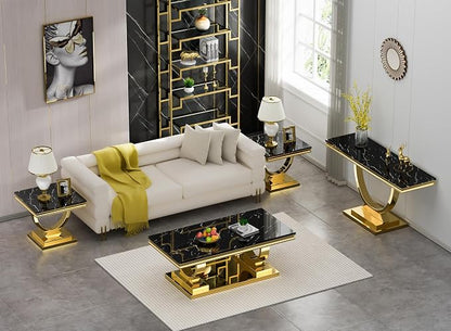 2 Piece Living Room Table Set Include 1 Faux Marble Coffee Table & 1 Console Table, Modern Black Gold Coffee Table Set of 2 with Double O Shape Stainless Steel Pedestal Base