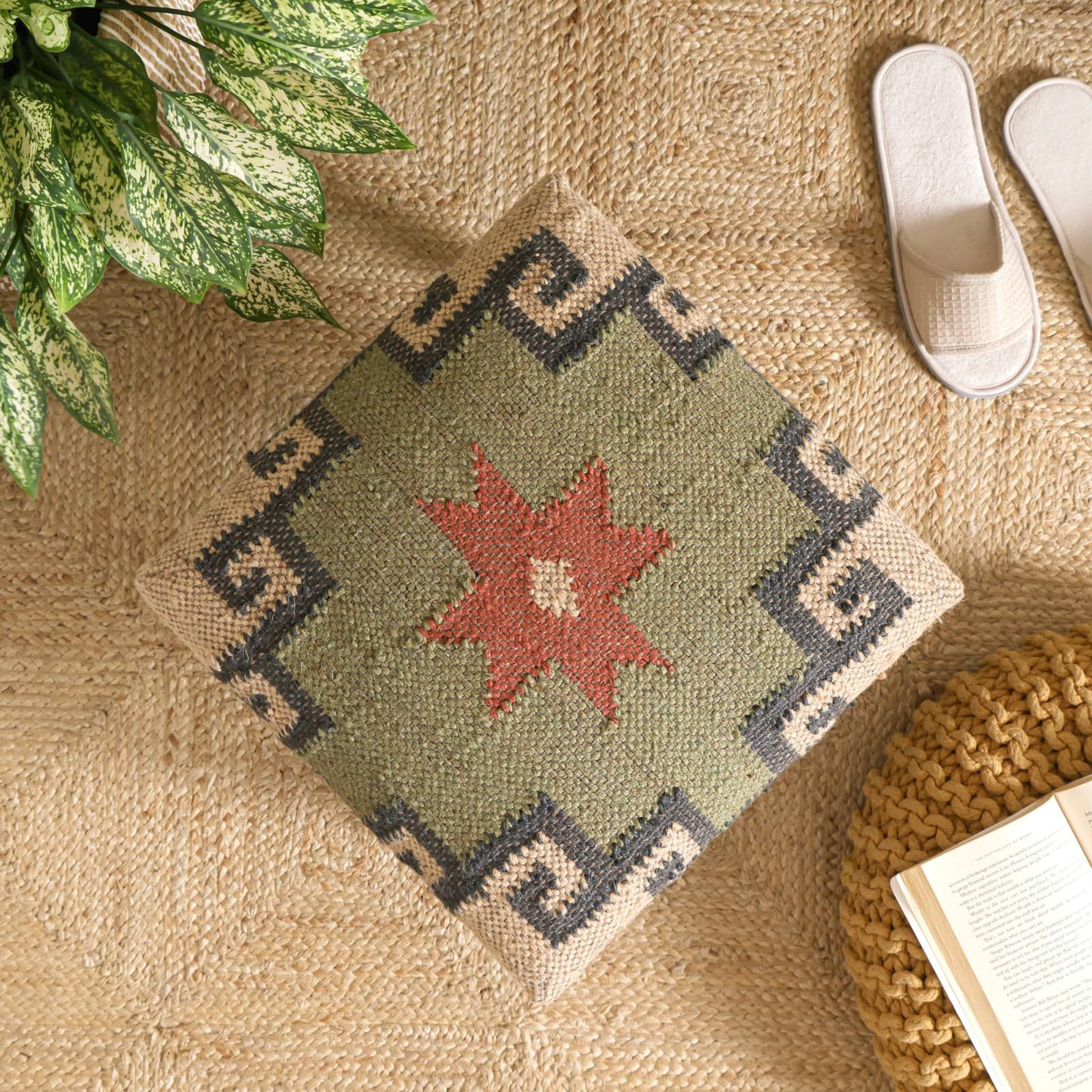 NATURAL FURNISH Solid Wood Upholstered Footstool | Handmade Southwestern Pattern Ottoman with Turned Wooden KD Legs | Decorative Accent Stool for Living Room, Entryway & End of Bed (Gray and Tan)
