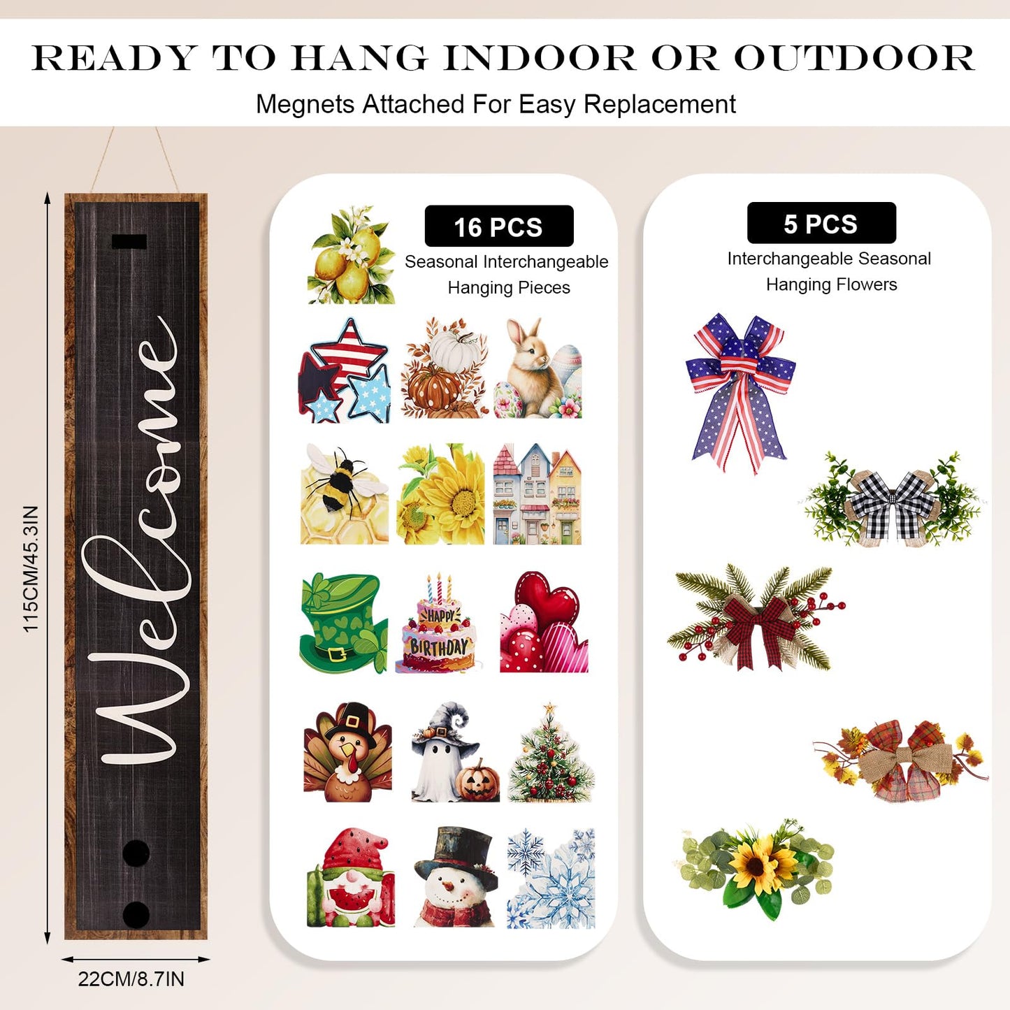 Novabright Interchangeable Welcome Sign for Front Porch Standing, 45.3" x 8.7" Summer Wood Leaner Sign with 5 Seasonal Wreaths & 16 Changeable Icons, Farmhouse Outdoor Decor for Holiday(Black)