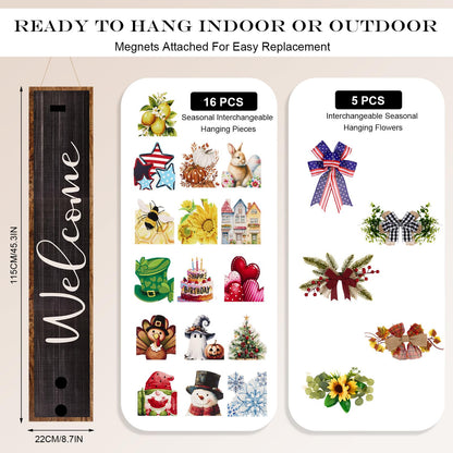 Novabright Interchangeable Welcome Sign for Front Porch Standing, 45.3" x 8.7" Summer Wood Leaner Sign with 5 Seasonal Wreaths & 16 Changeable Icons, Farmhouse Outdoor Decor for Holiday(Black)