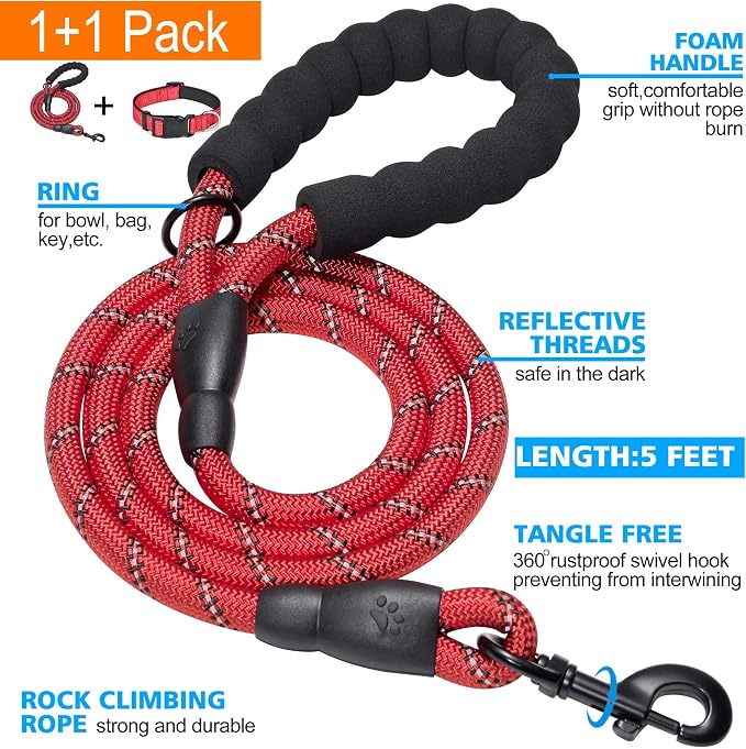 Ladoogo Reflective Dog Collar Padded with Soft Neoprene Breathable Adjustable Nylon Dog Collars for Small Medium Large Dogs (Large (Pack of 1), Red Collar+Leash)