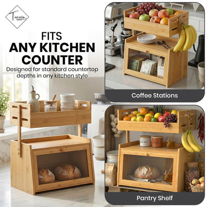 Bamboo Bread Box with Fruit Basket, 2-in-1 Kitchen Countertop Organizer