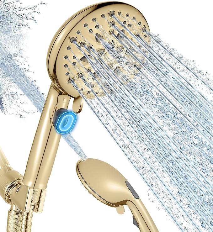 Cobbe 9-Function Shower Head with Built-in Power Spray, 1.8 GPM Water Saving ON/OFF Toggle Switch, High Pressure Handheld Showerhead with 1-Click Pause Button, Brass Bracket & 6ft Hose, Gold