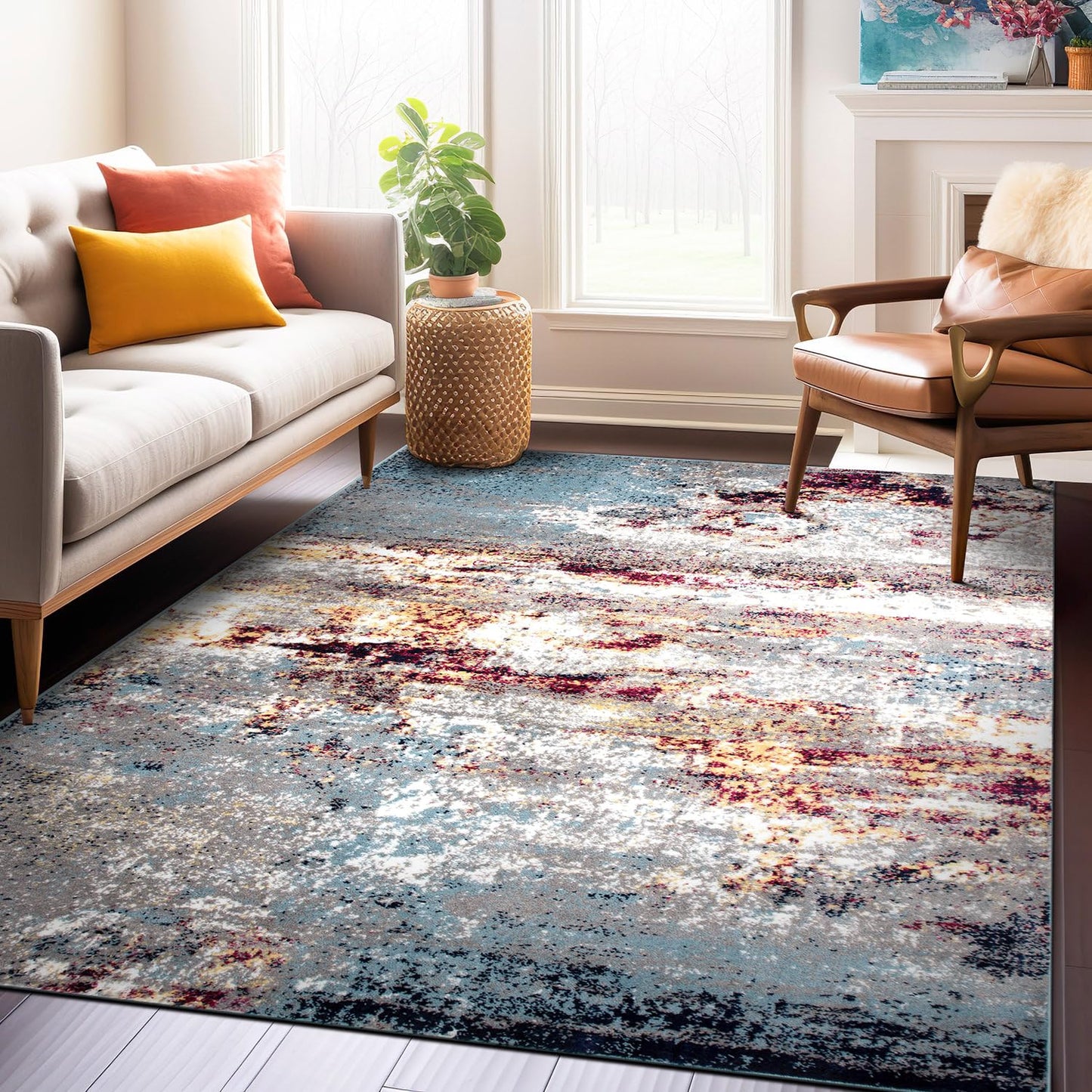 Rugshop Multi Modern Distressed Abstract Area Rug Bohemian Inspired Watercolor for Living Room, Dining Room and Bedroom 5' x 7'