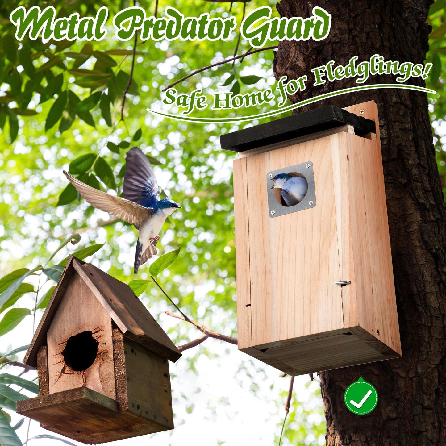 Dreyoo 2 Pack Bluebird Box Houses for Outside,1-1/2'' Entrance Hole Wooden Bird Houses with Metal Guard, Secure Latch,Fledgling Grooves,Air Vents for Bluebird Wren Swallow(Dark Wood)
