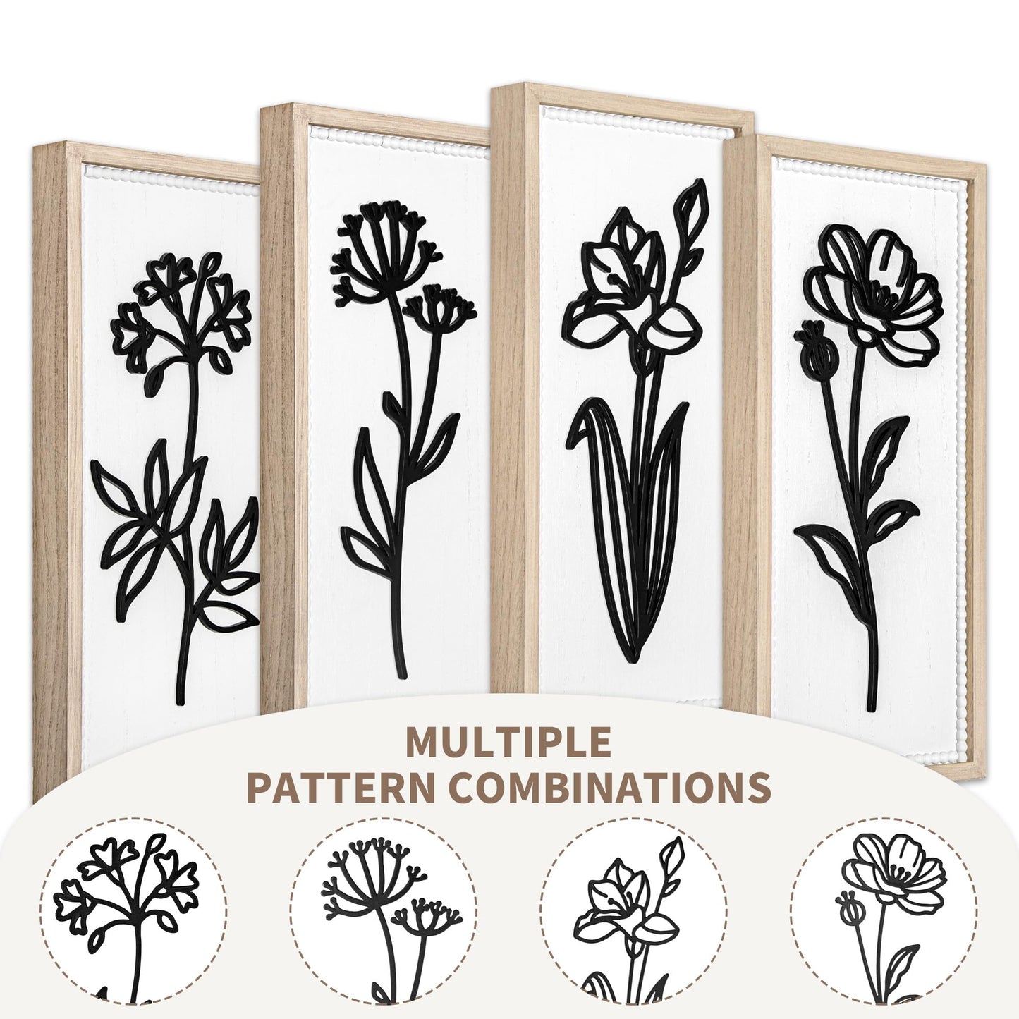 Parlor Boudoir White Floral Bathroom Wall Decor Set of 4, 3D Wooden Floral Wall Art, Neutral Boho Farmhouse Gallery Decor for Bedroom, Hallway