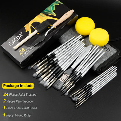GACDR Acrylic Paint Brush Set, 24 Pieces Paint Brushes for Acrylic Painting with Cloth Roll Case and 2 Sponges, Pinceles para Acrilico for Oil Watercolor Gouache…