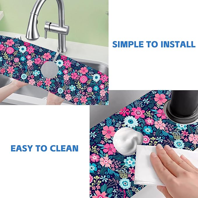 Modern Blue and Pink Floral Sink Faucet Absorbing Mat Sink Splash Guard Faucet