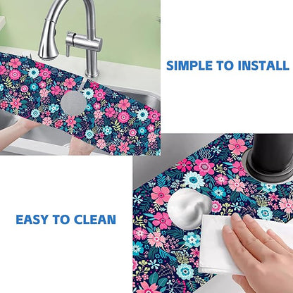 Modern Blue and Pink Floral Sink Faucet Absorbing Mat Sink Splash Guard Faucet