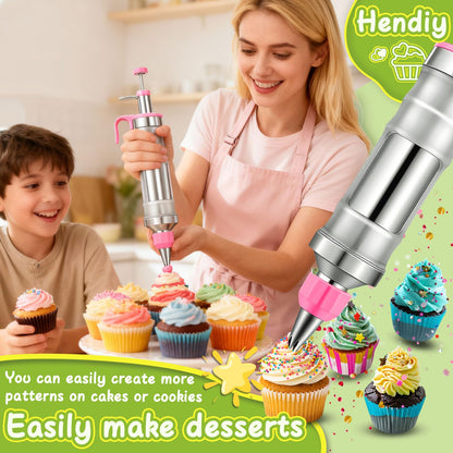Hendiy Dessert Decorating Syringe Set, Stainless Steel Frosting Piping Kit Cake Decorating Kit with 6 Piping Tips & 9 Silicone Cupcakes, Cupcake Decorating Kit Piping Bags and Tips Set