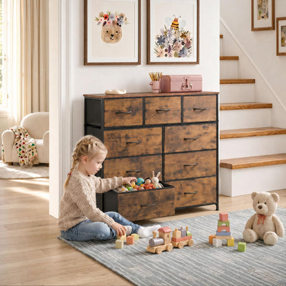 WLIVE 9-Drawer Dresser, Fabric Storage Tower for Bedroom, Hallway, Entryway, Closet, Tall Chest Organizer Unit with Fabric Bins, Steel Frame, Wood Top, Easy Pull Handle, Rustic Brown Wood Grain Print