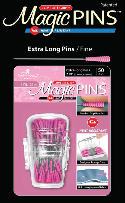 Magic Pins Extra Long Fine for Quilting, 50pc - Heat-Resistant, Sharp, and Comfort Grip, Ideal for DIY Sewing, Crafts, and Embroidery