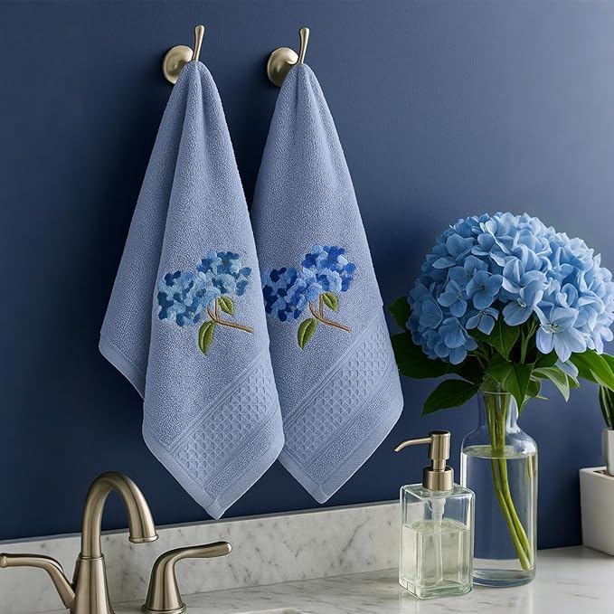 2 Pcs Hydrangea Hand Towels Blue Hydrangea Floral Bathroom Decor 14x29 Inch