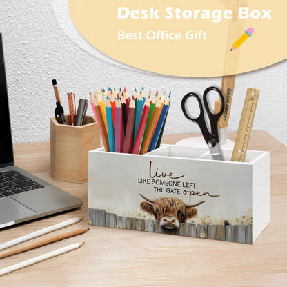 ANIANG Farmhouse Highland Cow Pen Holder Organizer Desk Decor, Highland Cow Gifts for Women, Live Like Someone Left the Gate Open Wooden Pen Pencil Holders for Home Office Desk Accessories