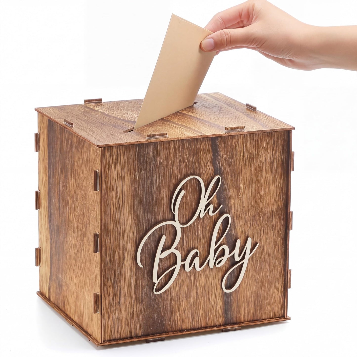 Bucherry Rustic Wooden Baby Shower Card Box Favors, 8.7 x 8.7 x 8.7 Inch Receiving Money Holder Card Box with Slot for Baby Showers, Birthday Party Table Centerpiece Decorations