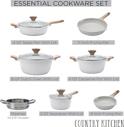 Country Kitchen Non-Stick Cast Aluminum Cookware Set - Durable Kitchen Cookware for Everyday Cooking, Cream, 11 Pc.