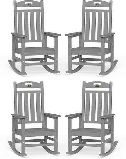 Oversized Outdoor Rocking Chair Set of 4, High Back Porch Rocker Chair, HDPE Rocking Chairs for Patio, Living Room, Light Grey