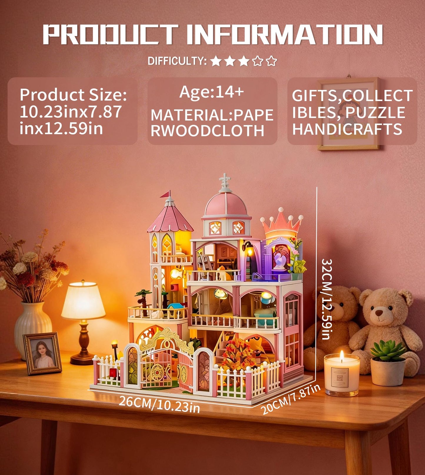 Roroom DIY Miniature House Kit, Windsor Castle Book Nook Kit with LED Light,3D Wooden Puzzle Miniature Dollhouse Kit for Bookshelf Decor-Creative Crafts for Family and Friends