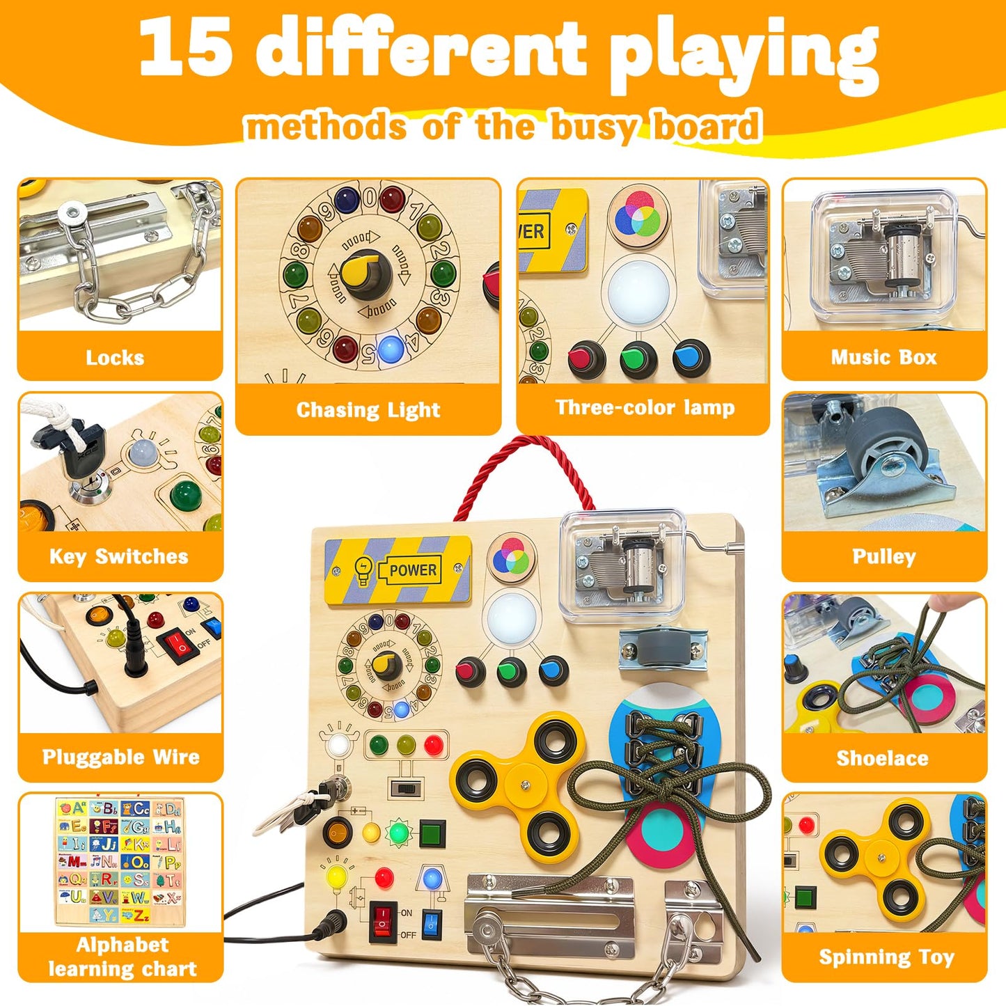 Busy Board with LED Light Switches, Montessori Toys for Toddlers 1-3, Wooden Sensory Activity Board, Travel Learning Toy for Boys & Girls, Educational Fidget Busy Board Gift for 1 2 3 Year Old Kids