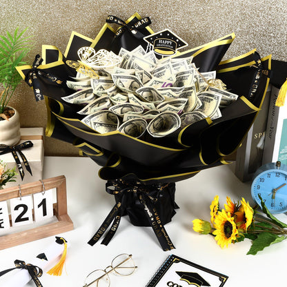 AUGSUN Graduation Money Bouquet Kit, Flower Bouquet DIY Gift Supplies with 20 Sheets Wrap Paper 100 Sticks Ribbon Cards 3D Butterflies for Class of 2026 Grad Party Favor Graduate Gifts