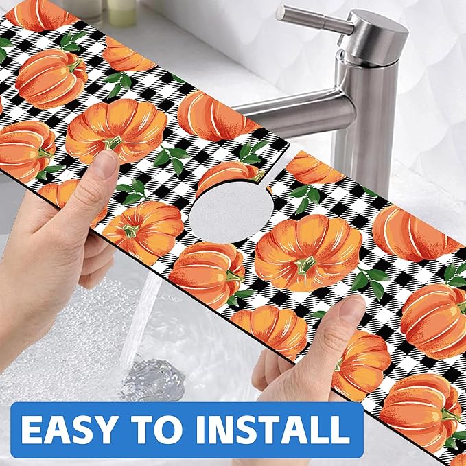 Thanksgiving Pumpkin Kitchen Sink Splash Guard Mat Buffalo Plaid Absorbent Fast