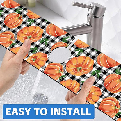 Thanksgiving Pumpkin Kitchen Sink Splash Guard Mat Buffalo Plaid Absorbent Fast