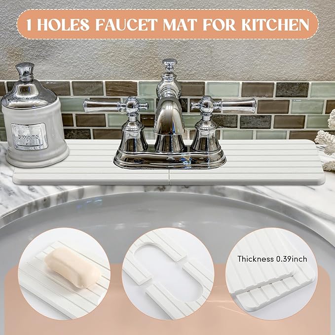 an Oval Hole White Faucet Mat for Kitchen Sink Bathroom 17.32" x 4.6" Kitchen