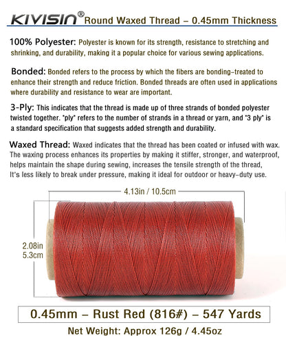 Thin Wax Polyester Thread, 0.45mm, 547 Yards, 3 Ply Round Waxed Cord Strings for Sewing, Beading, Binding, Micro Braiding, Fine Leather Craft and Micro Macrame Jewelry - Rust Red