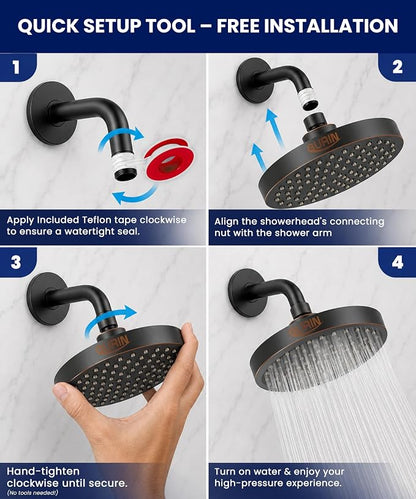 GURIN Shower Head - Powerful High Pressure Rain Shower Head 6 Inch - Luxury Rainfall Showerhead with Adjustable Angles, 90 Anti-Clog Nozzles, Tool-Free 1-Min Install, Premium Oil Rubbed Black Finish