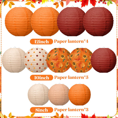 Bencailor 12 Pcs Thanksgiving Paper Lanterns Fall Paper Lanterns Hanging Decorative Round Autumn Decor for Harvest Theme Party Decorations, 8/10/12 Inches (Red,Orange)