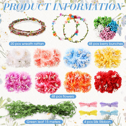Zeyune 20 Sets Spring Tea Party Favor Flower Crowns Making Kit, Make Your Own Flower Crown Wreath Garland Headbands Craft Kit Handmade DIY Fairy Floral Hair Accessories Gift for Women