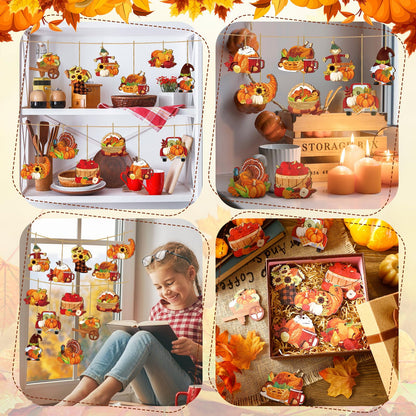 Huwena 36 Pcs Thanksgiving Tree Ornaments Fall Tree Decorations Pumpkin Scarecrow Turkey Gnome Wood Cutouts with Ropes Fall Wooden Ornaments for Autumn Harvest Party Decor