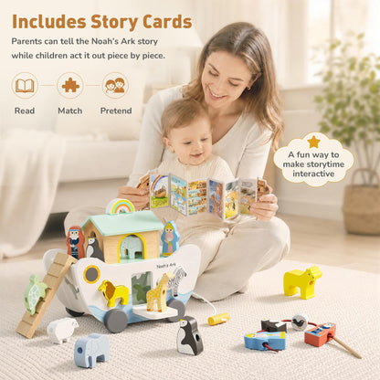 GiggleGems Noah's Ark Wooden Toy - All-in-1 Push Pull Shape Sorter for Toddlers - Montessori Animal Matching Set - Baptism Christening Gift for Birthday, Religious Toys for Boys Girls (18M+)