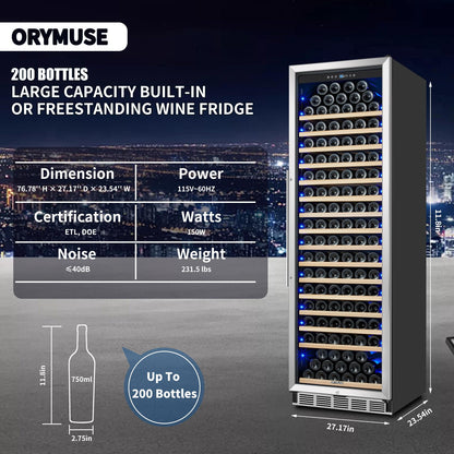 ORYMUSE Large 200 Bottle Wine Fridge - 24 Inch Wine Cooler Refrigerator, Freestanding and Built-in Design, Upgraded Compressor Cooling, Intelligent Temperature Memory