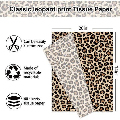 60 Sheets Leopard Print Tissue Paper Gift Wrapping Paper Floral Bouquet DIY Art Crafts Tissue for Wedding Birthday Holiday Party, 14 x 20 Inch