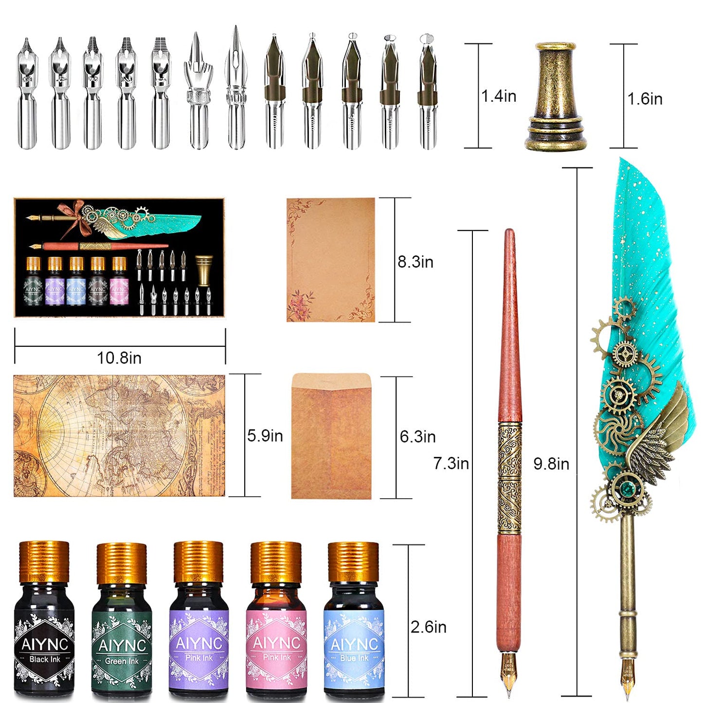 AIYNC Feather Calligraphy Pen Ink Set, Mechanical Feather Pen and Wooden Dip Pen, 5 Colors of Ink, 12 Replacement Nibs, Pen Holder, Envelope and Letter Paper (Green)