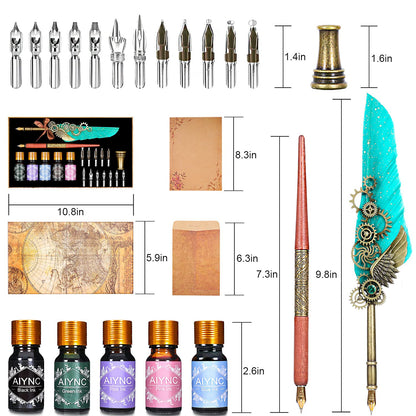 AIYNC Feather Calligraphy Pen Ink Set, Mechanical Feather Pen and Wooden Dip Pen, 5 Colors of Ink, 12 Replacement Nibs, Pen Holder, Envelope and Letter Paper (Green)