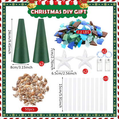 Innconee 2 Pack DIY Sea Glass Christmas Tree Handmade Kit Tabletop Shells Beach Christmas Trees Handcrafted Coastal Xmas Decor for Ocean Birthday Party Table Centerpiece (9.45'' X 3.15'')