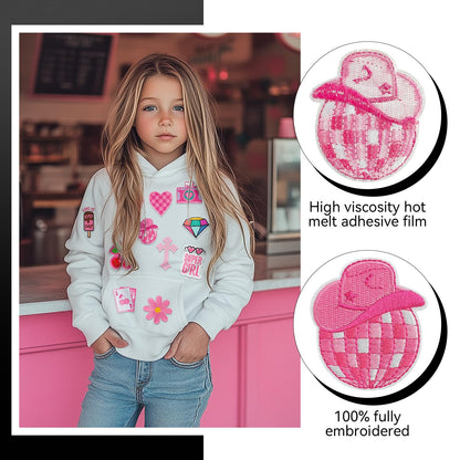 GYGYL 45Pcs Iron on Patches for Girls, Pink Preppy Embroidered Sew on/Iron on Patches Applique for Backpacks, Clothes, Dress, Hat, Jeans, Pant, Shoe,Bags