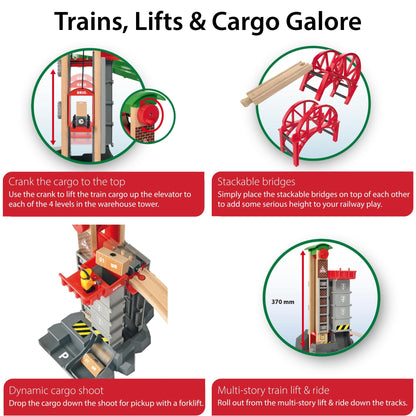 BRIO World Lift & Load Warehouse Set - 32-Piece Wood Train Set - Works with All Wooden Railway Sets - Includes 4-Level Elevator, Vehicles, Tracks & Full Station - MESH Accredited for Ages 3+