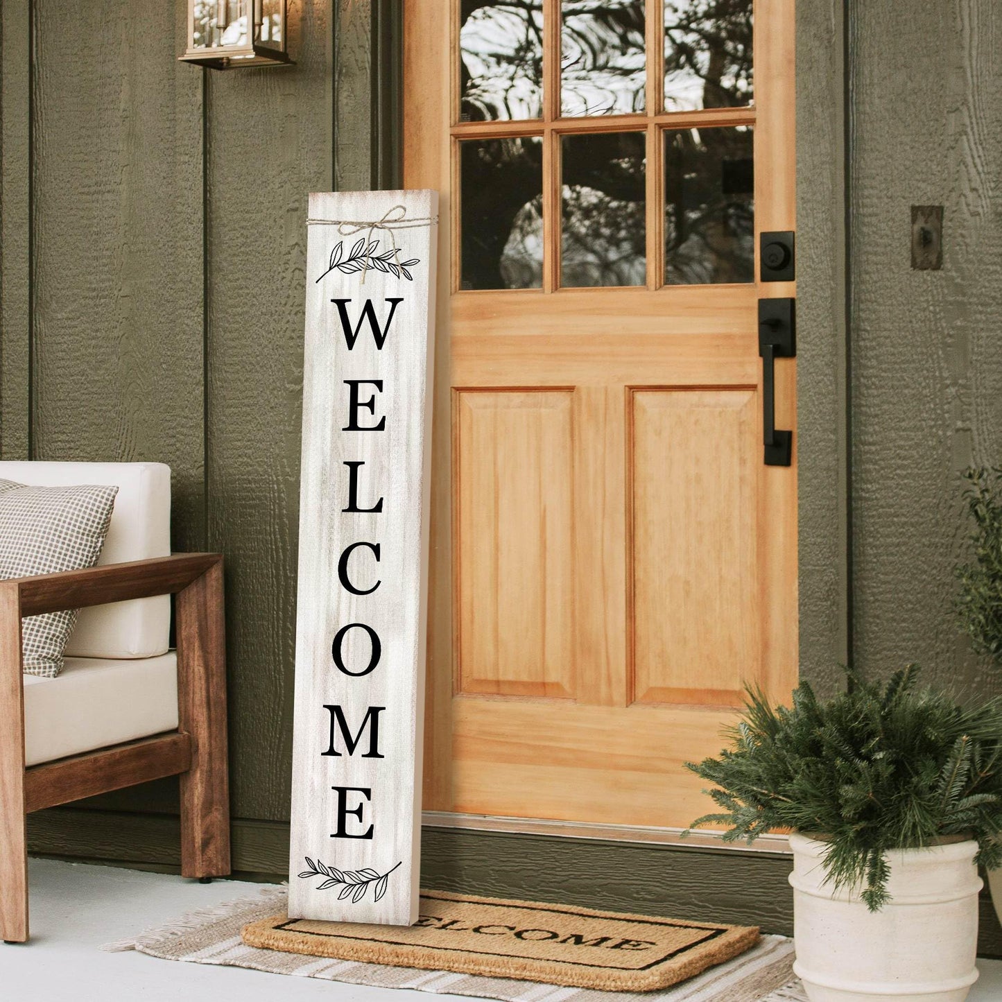 Welcome Sign for Front Porch Standing - Wooden Vertical Hanging Farmhouse Decor With Leaves for Front Door and Home Decorations 47.2"H