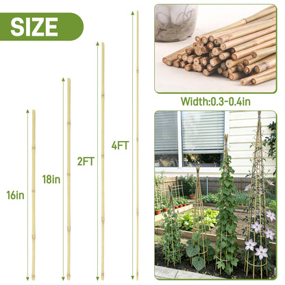 0.32”-0.4"/ 4 Feet Garden Stakes, Natural Bamboo Sticks Plant Stakes for Indoor and Outdoor Plants，Poles for Tomatoes, Beans, Potted Plants(50Pcs)