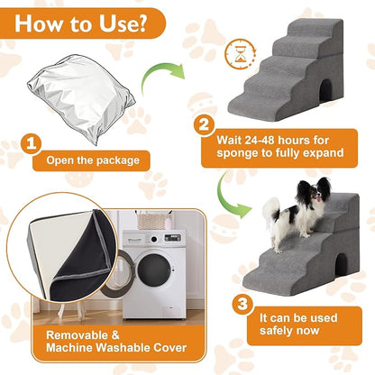 Dog Stairs for Bed 19.5’’ H, 4-Step Dog Steps for High Bed, Pet Stairs for Small Dogs and Cats to Get on Beds, Couch, Non-Slip Balanced Pet Steps and Ramp with Waterproof Cover and Tunnel, Grey