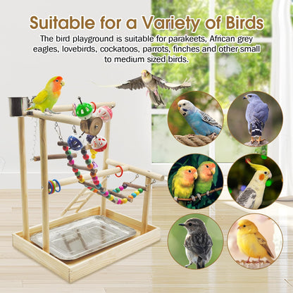 PINVNBY Bird Playground Parrot Playstand Play Gym Cockatiel Wood Bird Toys Birds Cage Accessories Playpen Ladder with Feeder Cups Hanging Swing Toys for Parakeet Conure Lovebird Cockatiel