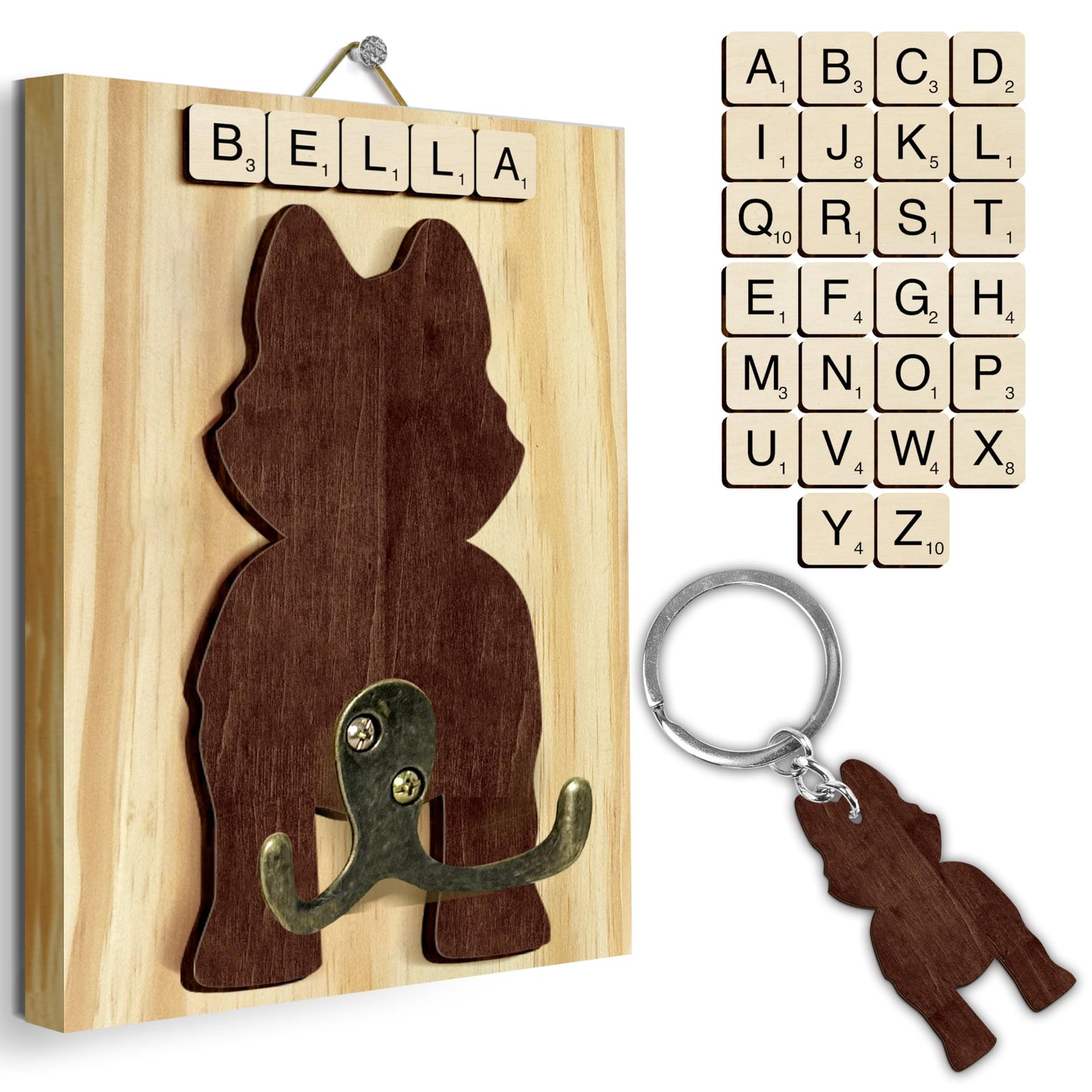 VINARTSVN Husky Dog Leash Holder Wall Mount with Scrabble Letters, Wooden Dog Wall Hook Organizer, Pet Collar and Harness Holder Entryway, Key Hook & Leash Rack, Home Decor for Pet Lovers PF297-45