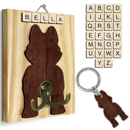 VINARTSVN Husky Dog Leash Holder Wall Mount with Scrabble Letters, Wooden Dog Wall Hook Organizer, Pet Collar and Harness Holder Entryway, Key Hook & Leash Rack, Home Decor for Pet Lovers PF297-45