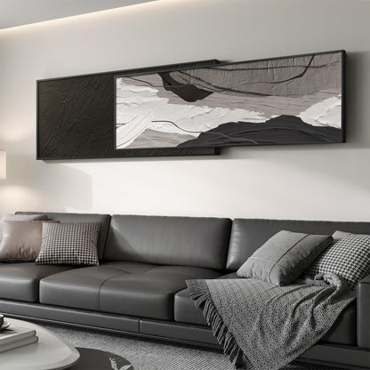 Extra Large Framed Black and White Abstract Wall Art for Living Room, Set of 2 Long Horizontal Modern Canvas Prints Paintings, Minimalist Gray Pictures for Bedroom Dining Room Office Wall Decor