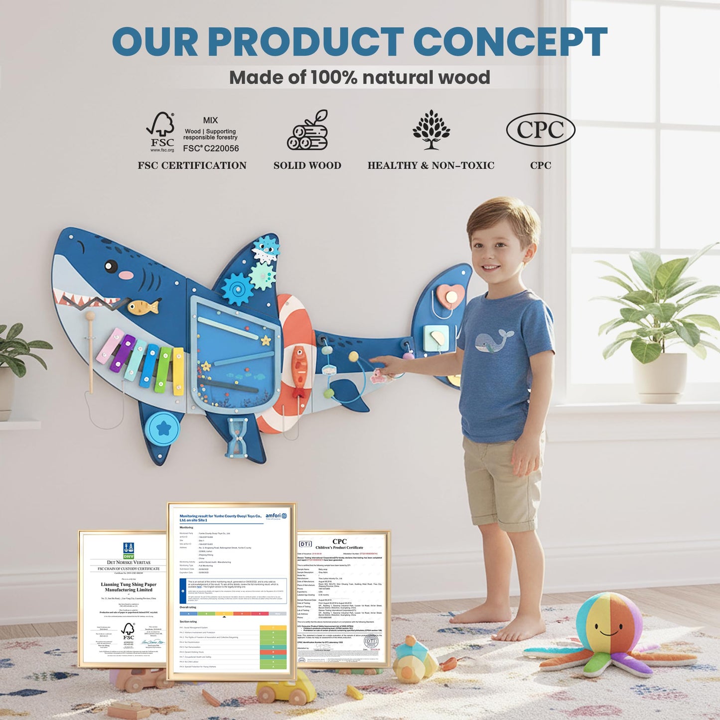 Easyego Wall Busy Board Panels, Montessori Sensory Activity Center - Wooden Educational Toys for Toddlers, Promotes Holistic Development, Holiday/Birthday Gift for Boys & Girls - Shark