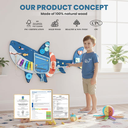 Easyego Wall Busy Board Panels, Montessori Sensory Activity Center - Wooden Educational Toys for Toddlers, Promotes Holistic Development, Holiday/Birthday Gift for Boys & Girls - Shark